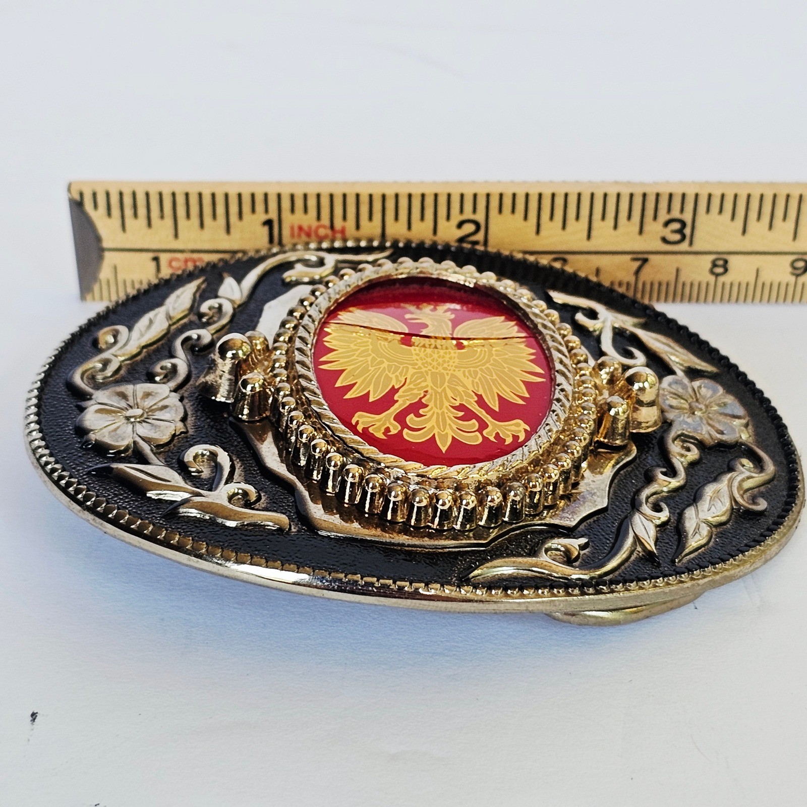 Vintage Polish Plate Style Steel Belt Buckle Austrian Slavic Eagle Gold Heraldic