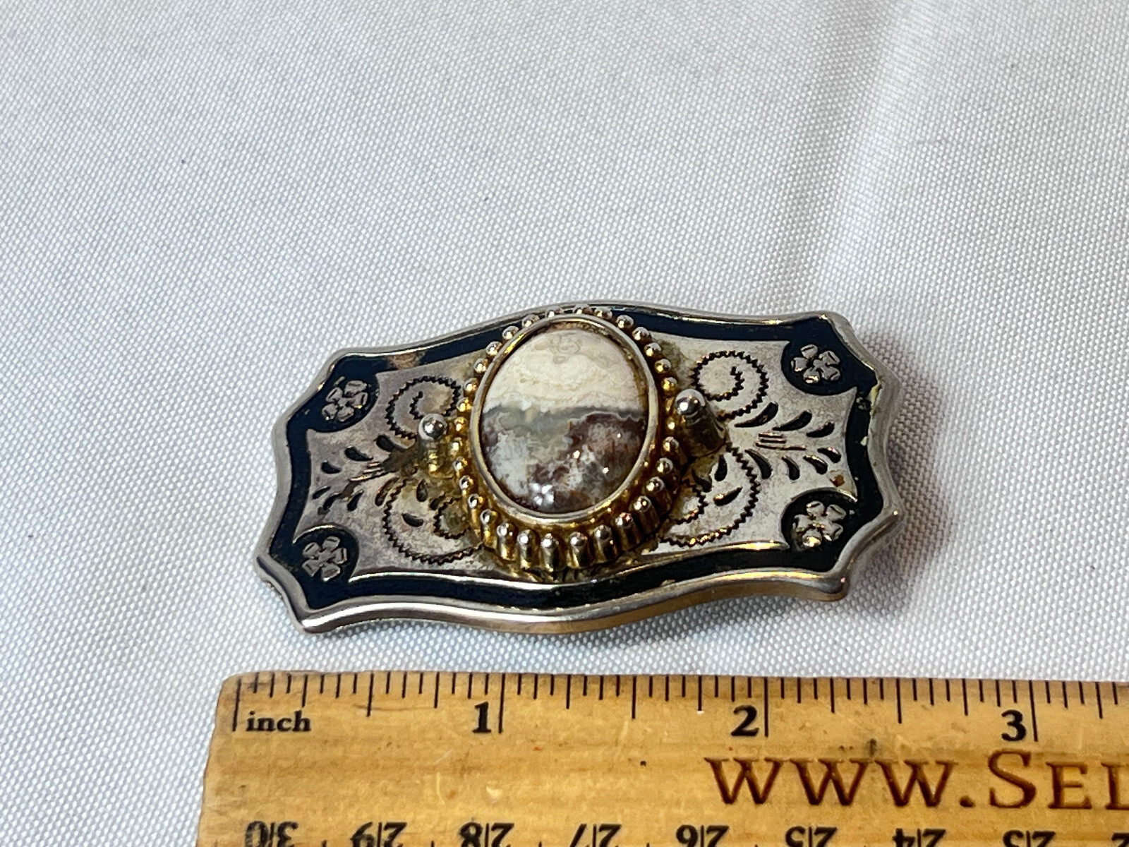 Vtg Western Style Belt Buckle Silvertone And Polished Cabochon Stone USA