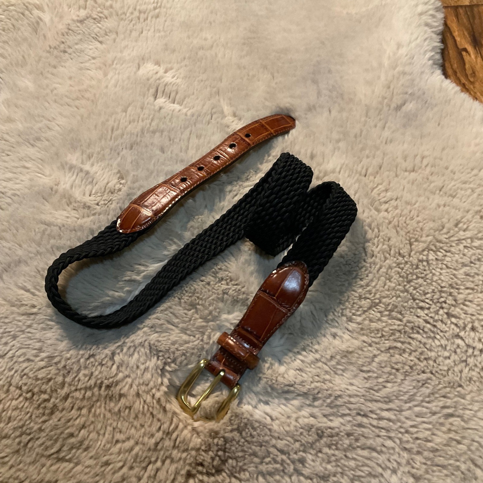 Brighton Belt Size 36 Brown Croc Leather Black Woven Middle Solid Brass Buckle