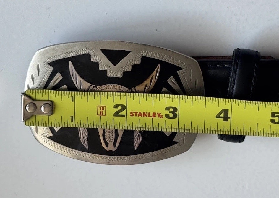 Southwestern Bull Buffalo Skull Cowboy Buckle Leather Justin Fenced Belt Sz 38