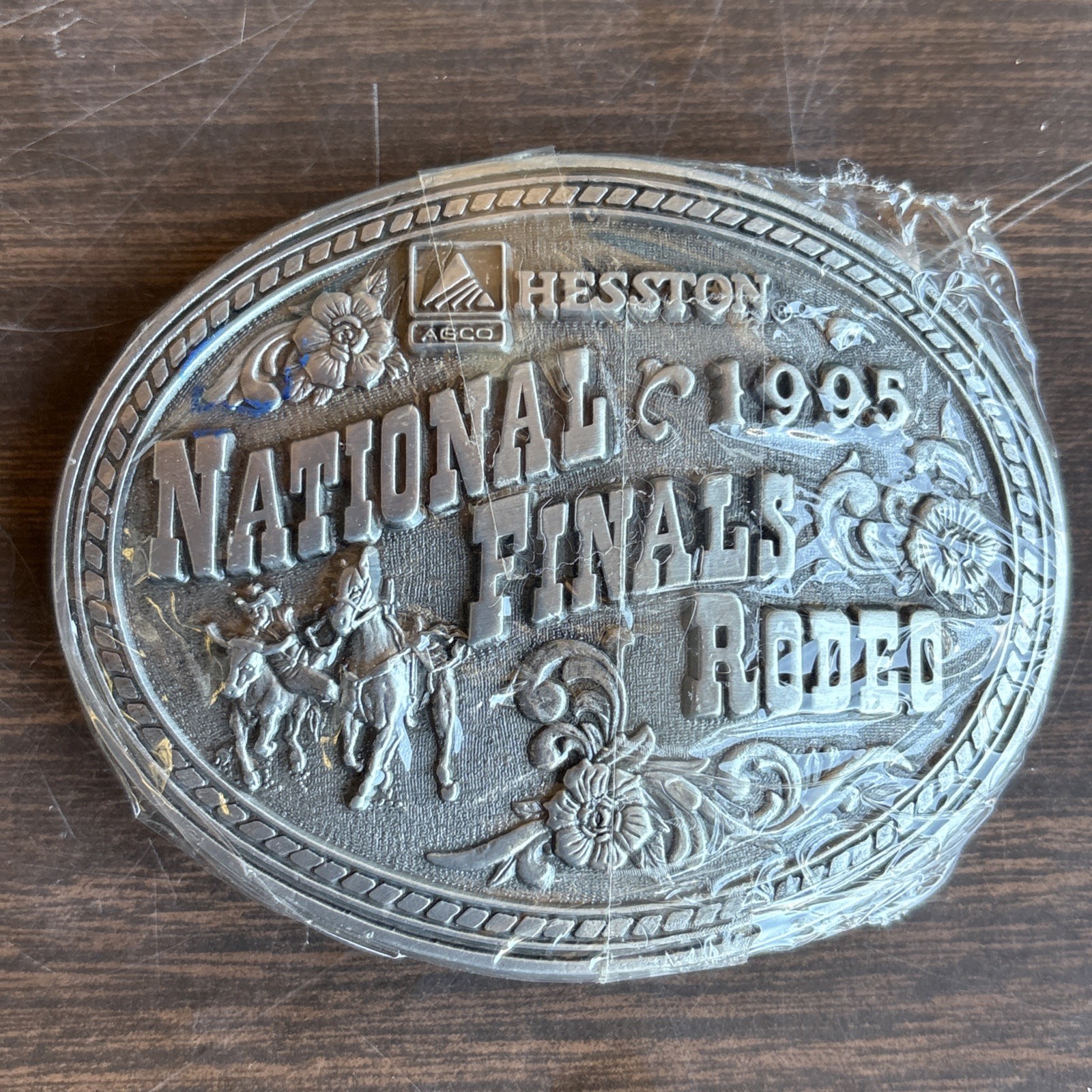 New! Vintage Hesston 1995 Silver Tone National Finals Rodeo Western Belt Buckle