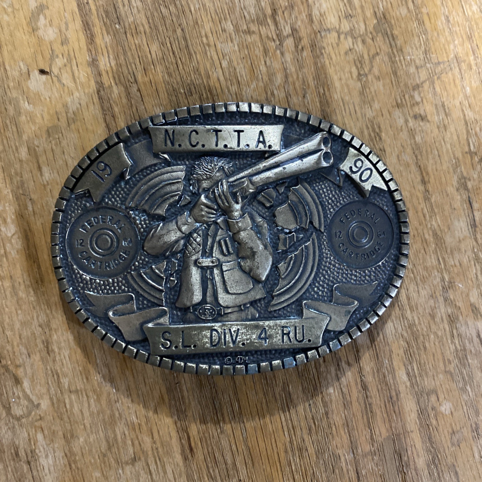 Vintage N.C.T.T.A. Belt Buckle 1990 S.L. DIV. 4 R.U. federal 12 GA cartridge