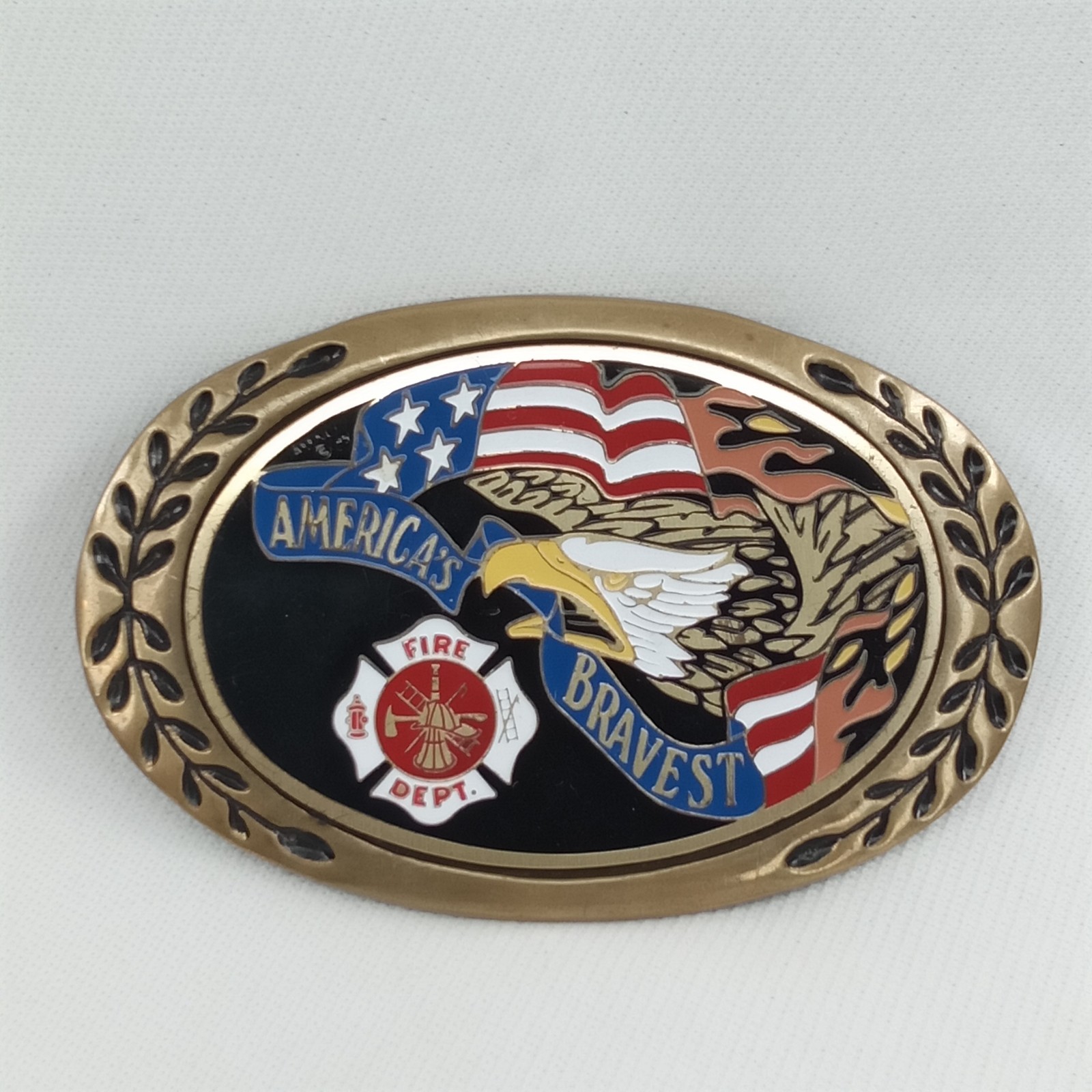 Vintage 1970s Enameled Brass Belt Buckle America&rsquo;s Bravest Fire Department