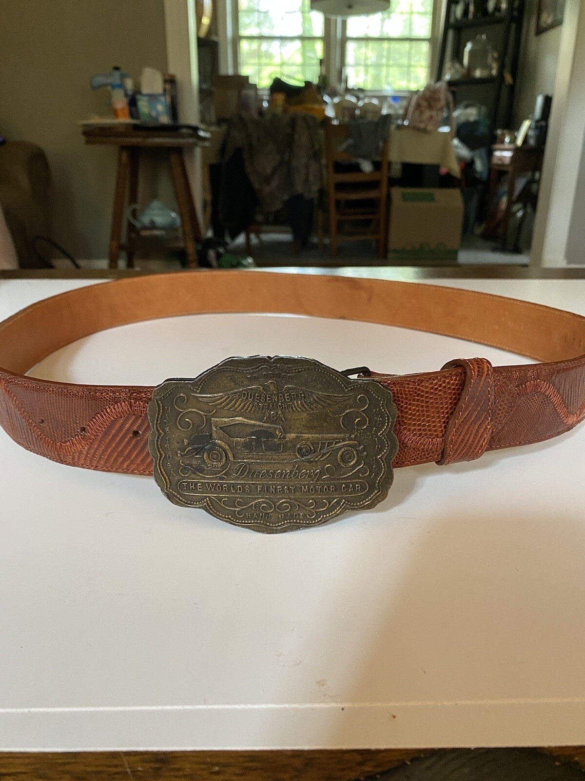 Vintage Brass Duesenburg Straight Eight Belt Buckle And Leathe Belt Handmade Car