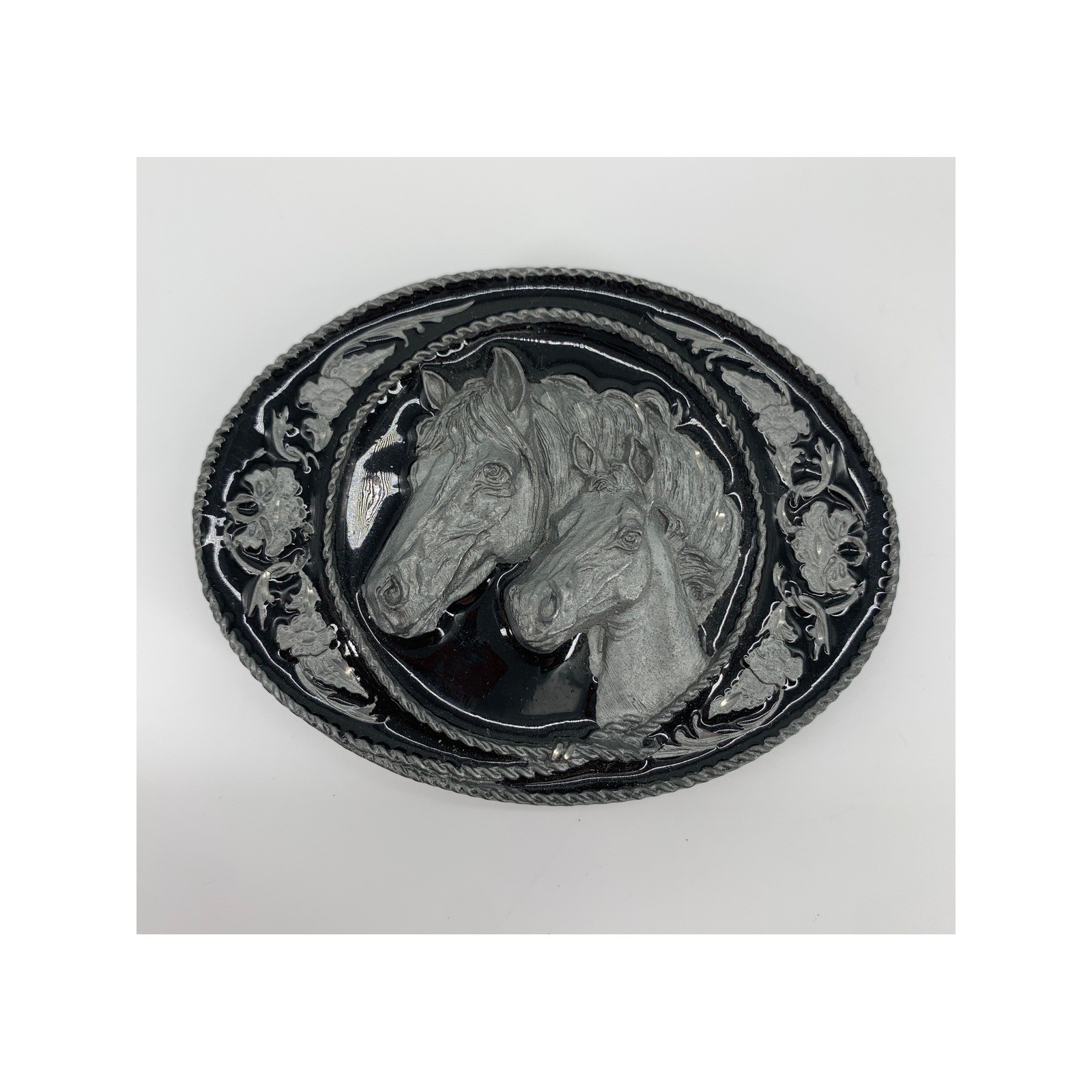 Vintage Siskiyou Belt Buckle Mens OS Silver Black Horse Western Cowboy 1991 USA
