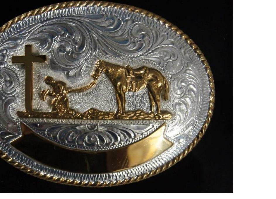 Crumrine Western Buckle Oval Praying Cowboy at Cross Silver & Gold Tone C1037648