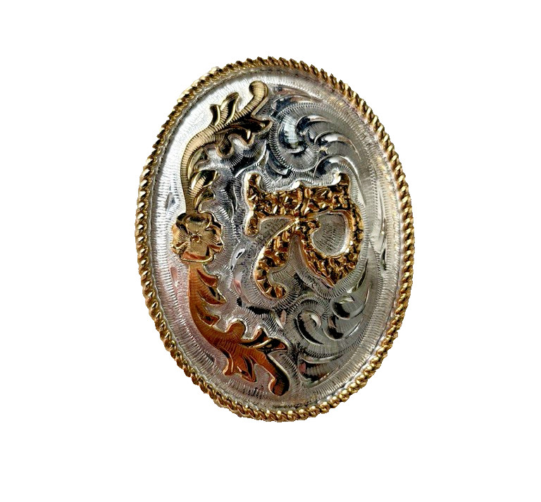 Western Initial Belt Buckle 3.5 x 2 5/8 in Oval R Silver Engraved Gold 1.75