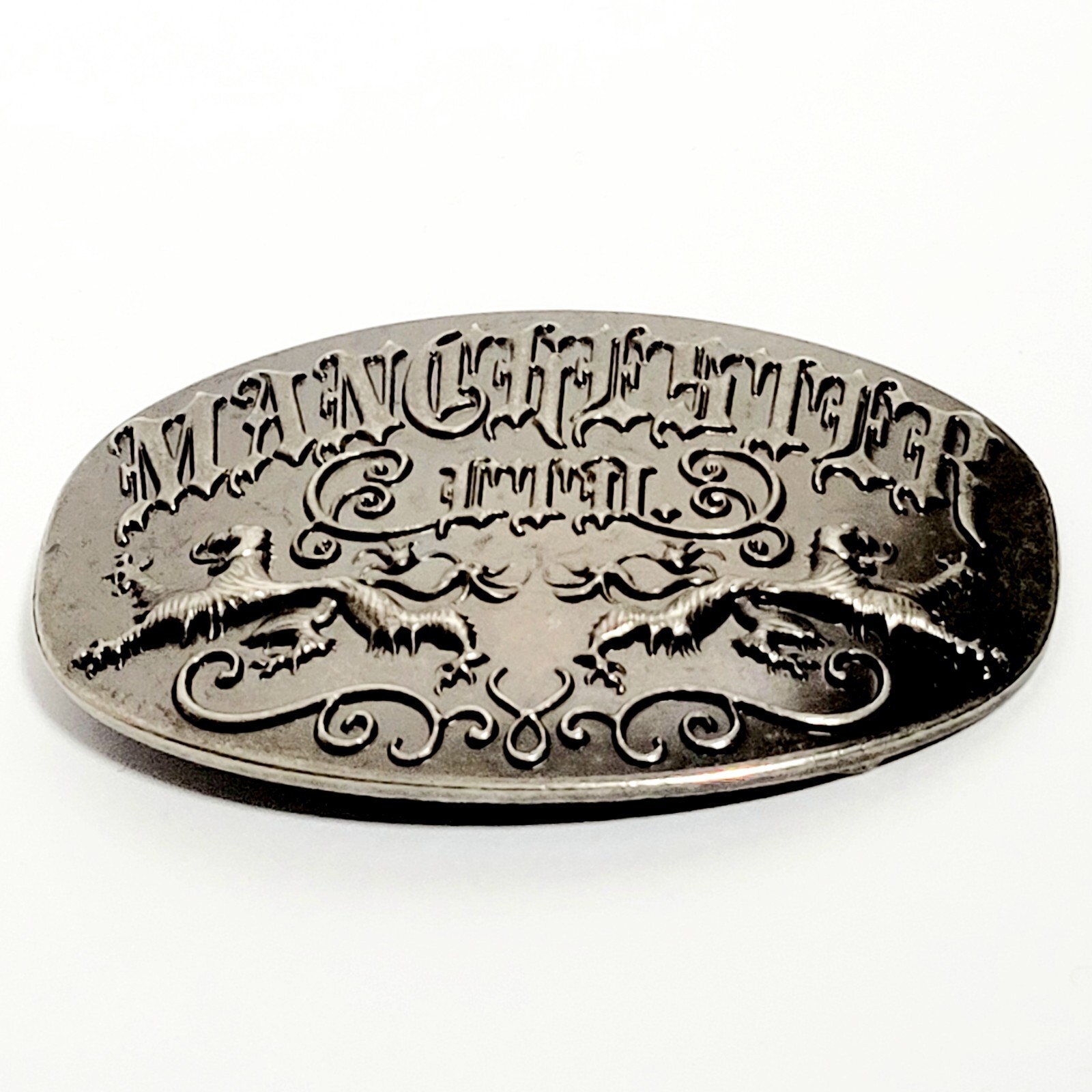 MANCHESTER LTD VTG FORGED BELT BUCKLE Lions Crest & Scroll Design 4&Prime;wide VGC!