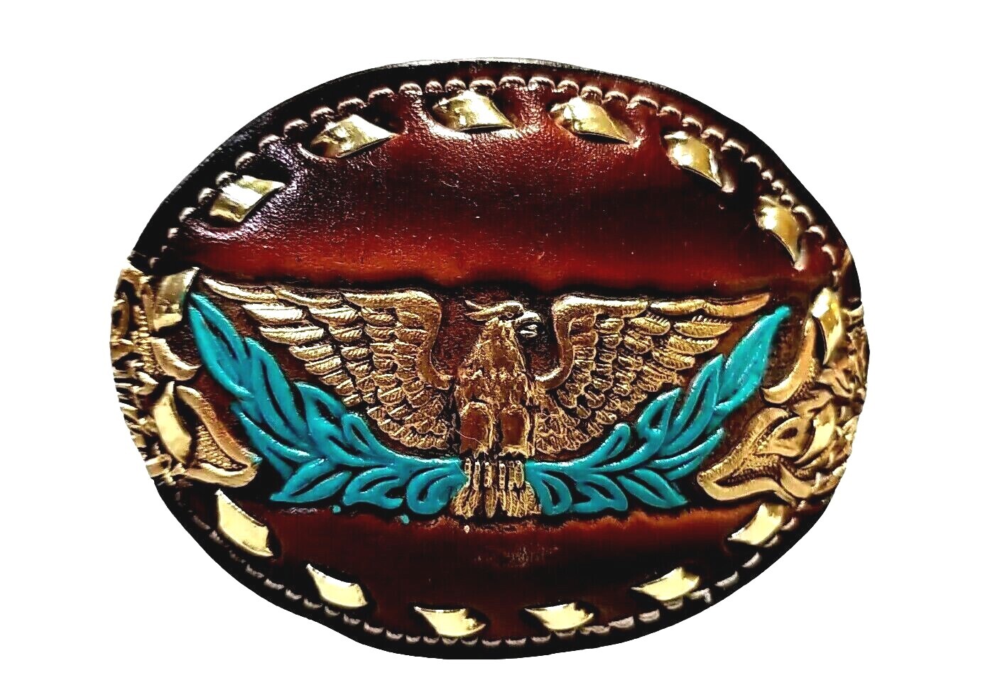 EAGLE Belt BUCKLE w/ GOLD BUCKSTITCHING Lg HANDMADE Brown LEATHER Western/Biker