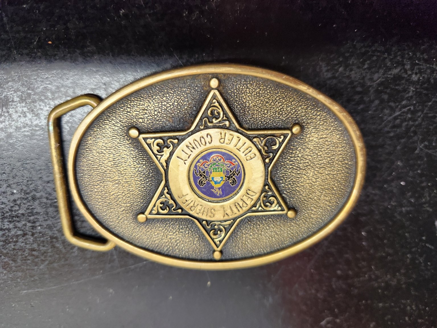 JTBW Industries Belt Buckle Antique Brass 3.5&Prime; Sheriff Star Solid Brass Enamel