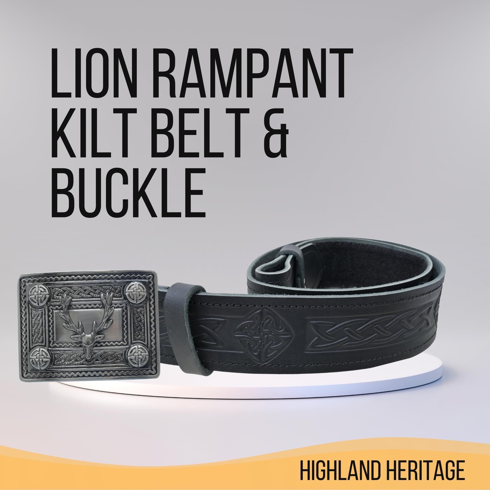 Kilt Belt and Buckle Set – Scottish Celtic Embossed Large – 38&Prime; to 42&Prime;, Black