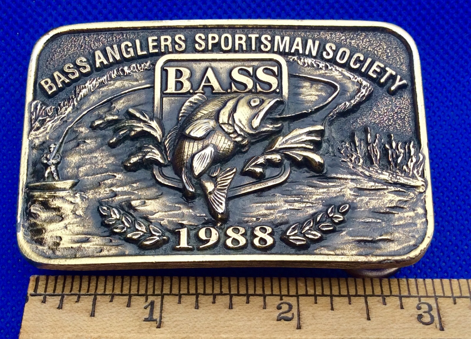 Vintage B.A.S.S. Bass Anglers Sportsman Society Original 1988 Brass Belt Buckle