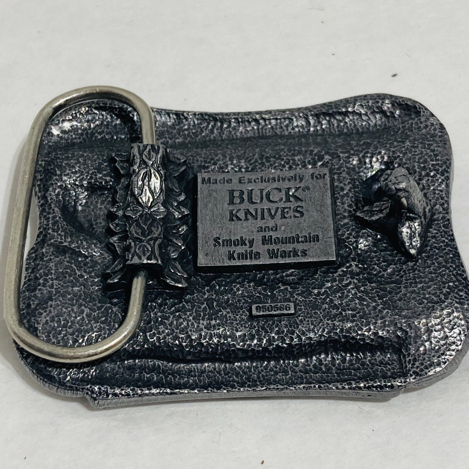 Vintage Pewter Embossed BUCK KNIVES Four Generations Knife Makers Belt Buckle