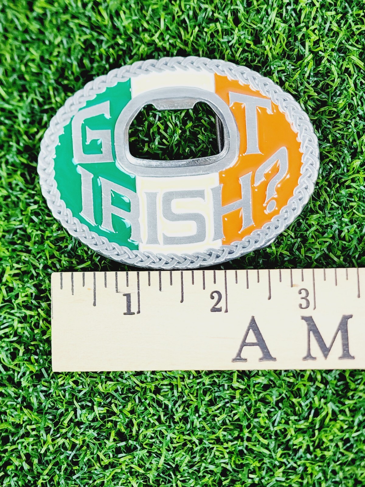 Bergamot Belt Buckle Got Irish Ireland flag Colors 2005 and bottle opener Pewter