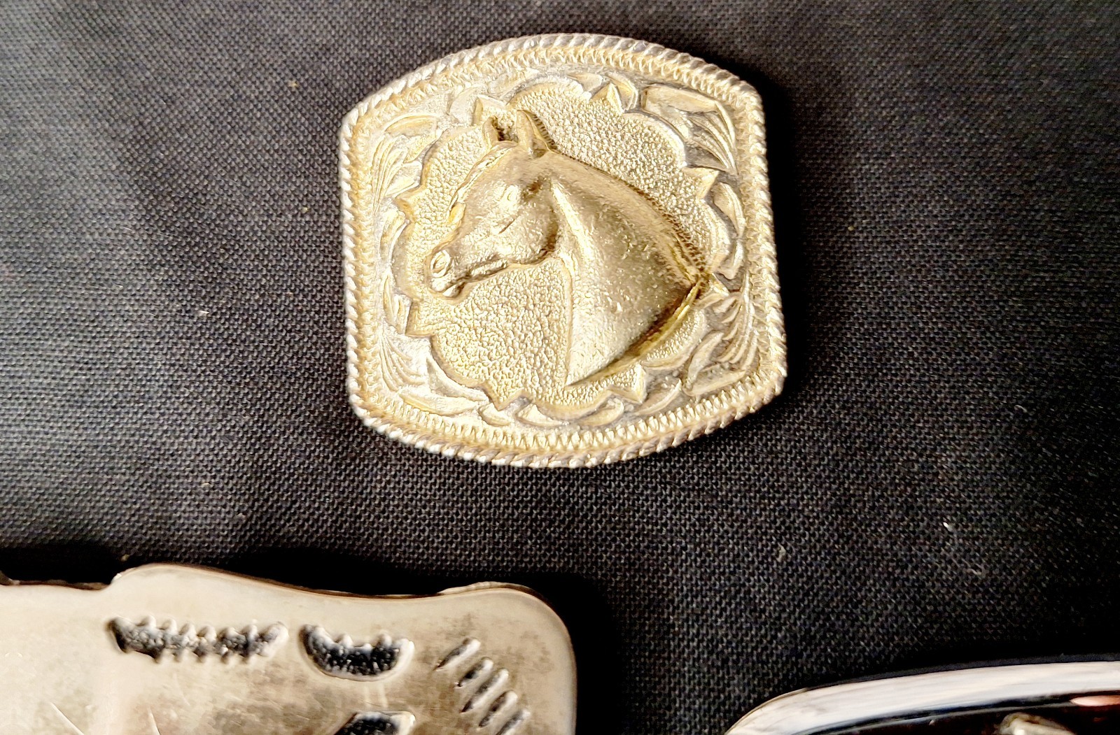 2 Vintage Cowboy Belt Buckles (Road Runner and Saddle) & Bolo Tie clasp / clip