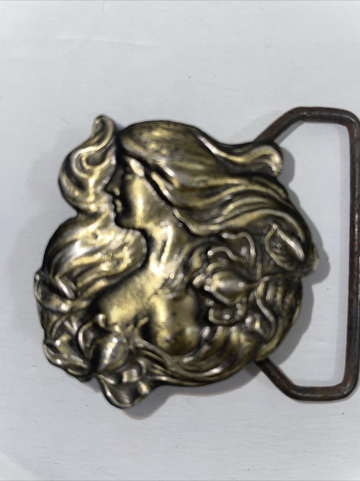 Lewis Pewter Metal Belt Buckle Vintage 1975 Art Nouveau Head Breasts Flowers