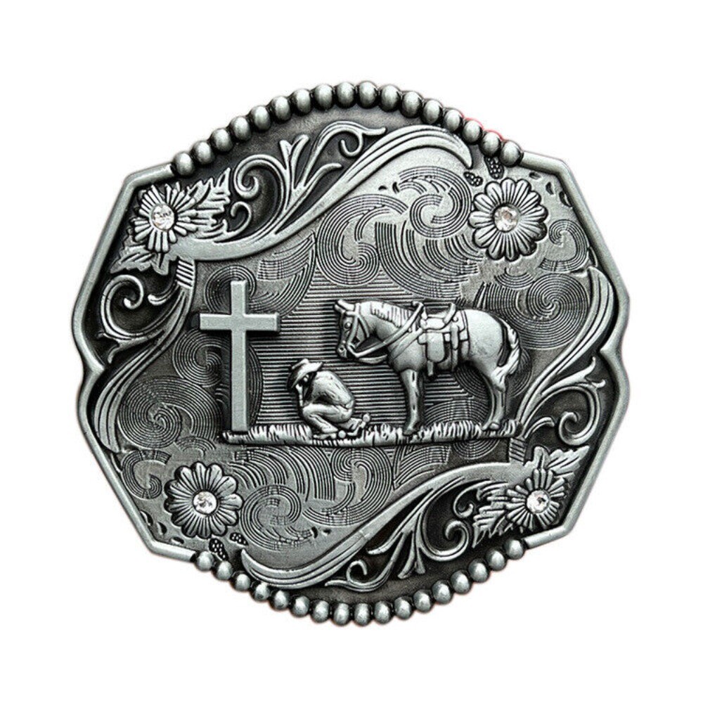 Large Western Belt Buckle for Men Retro Rodeo Wear Praying Cowboy At The Cross