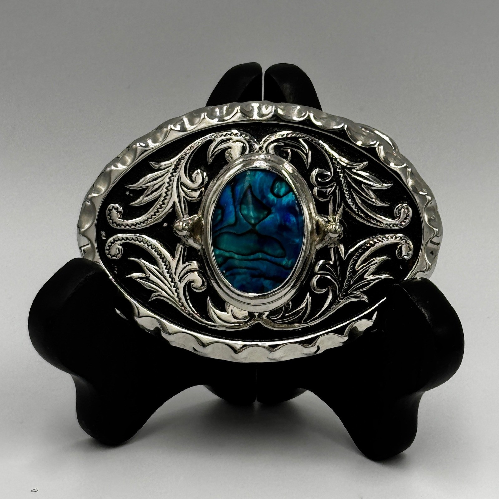 Western Silver Tone Oval Belt Buckle Blue Abalone Shell Inlay Floral Scrollwork