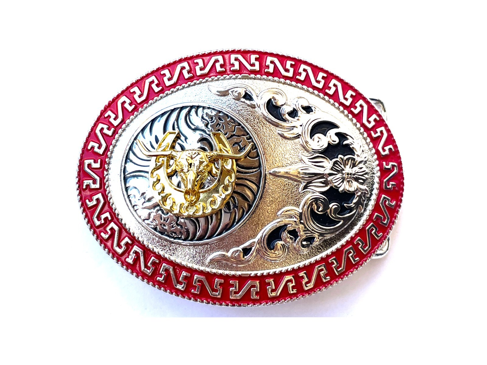 Western Buckle Gold Silver Red Longhorn Horseshoe Rodeo Bull Cowboy Fit 2 »
