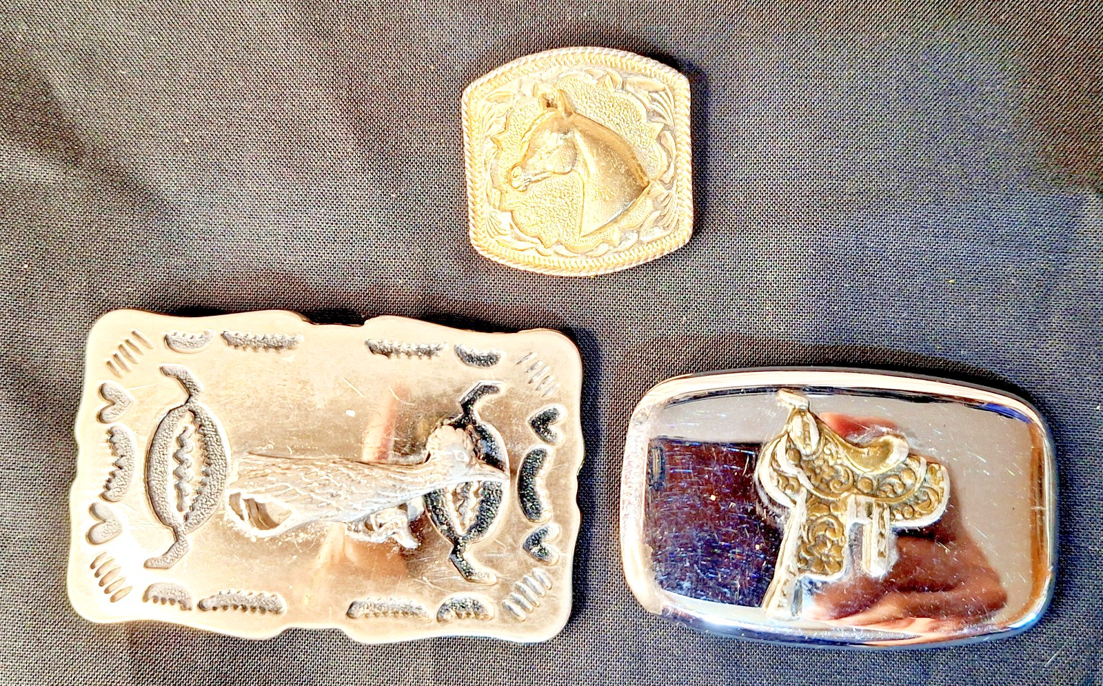 2 Vintage Cowboy Belt Buckles (Road Runner and Saddle) & Bolo Tie clasp / clip