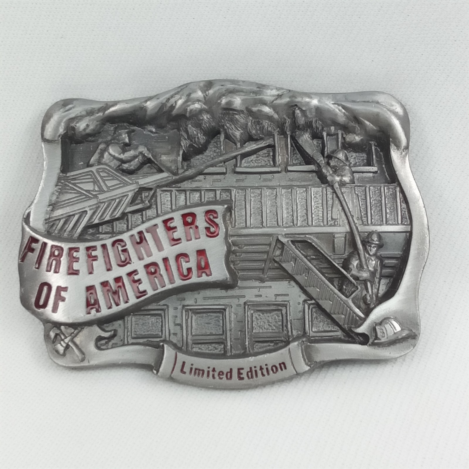 Vintage 1990s Silver & Red Enamel Firefighters Of America Belt Buckle