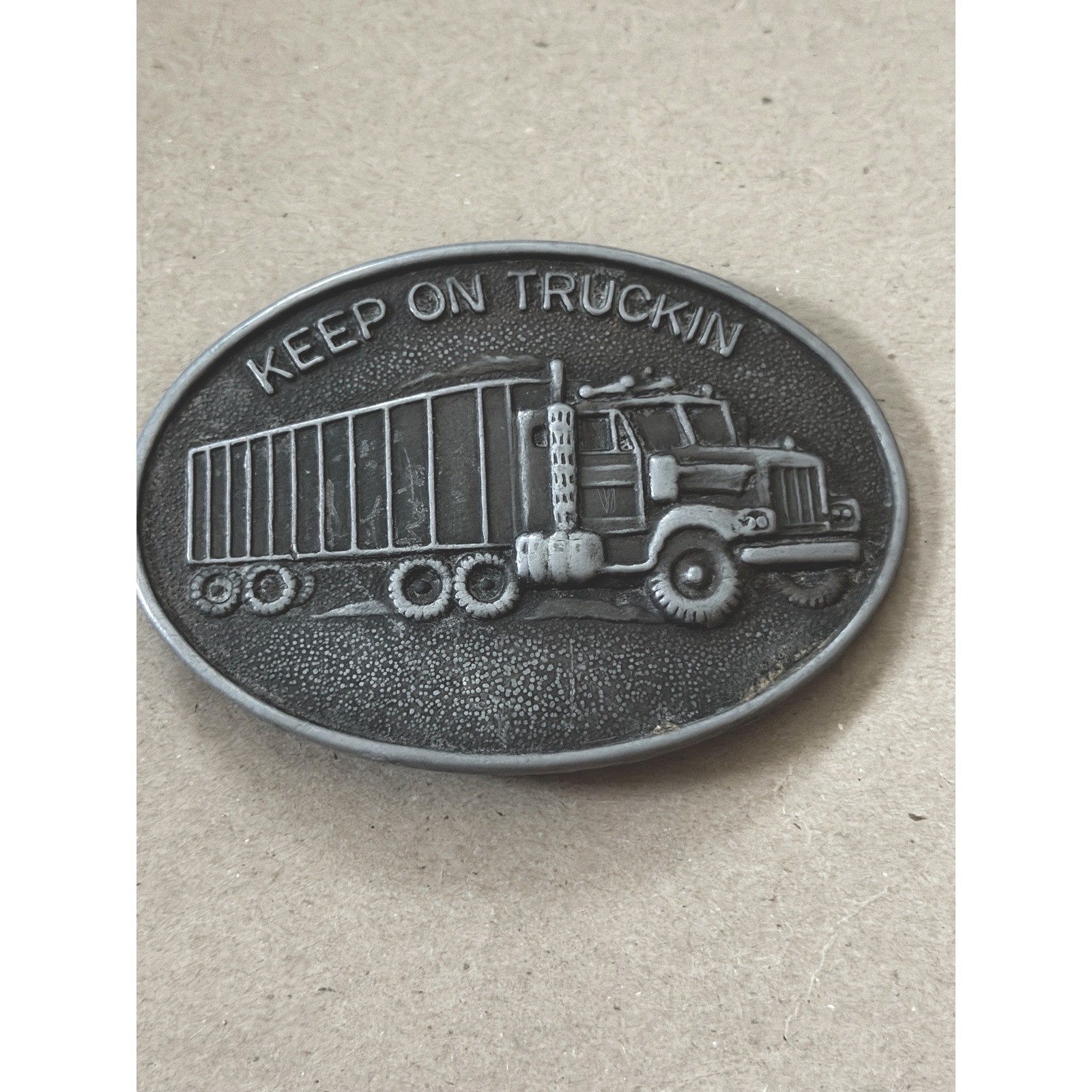 Keep On Truckin Semi Truck Belt Buckle Pewter Tone Oval Men Accessory