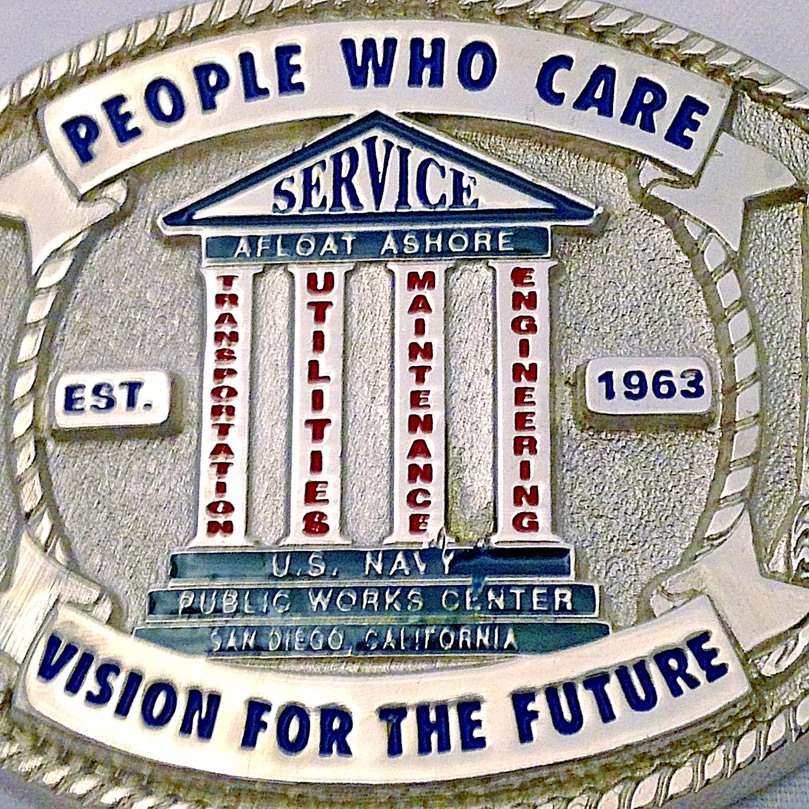 U.S. Navy Public Works Center Belt Buckle (Solid Brass, Silver) Hand Painted