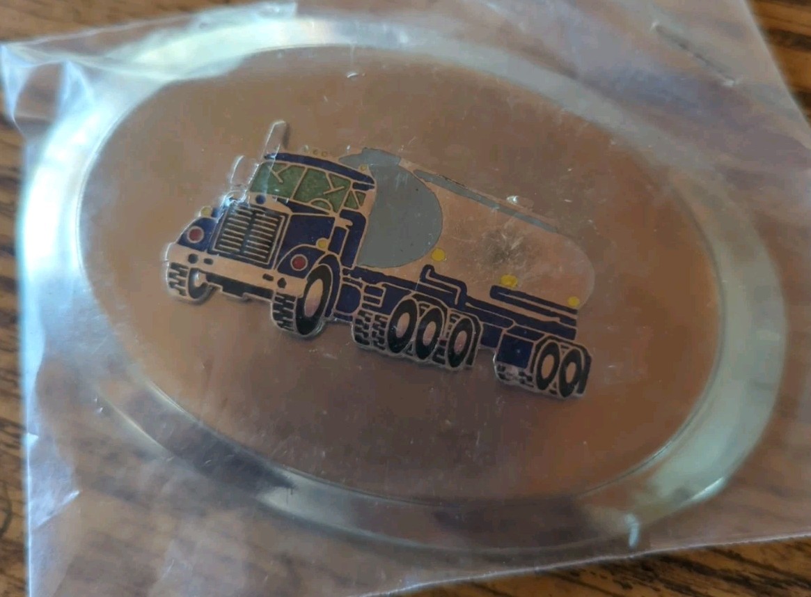 Rare Pre-Owned Silver Tone Metal Tanker Semi Truck Vintage Enamel Belt Buckle