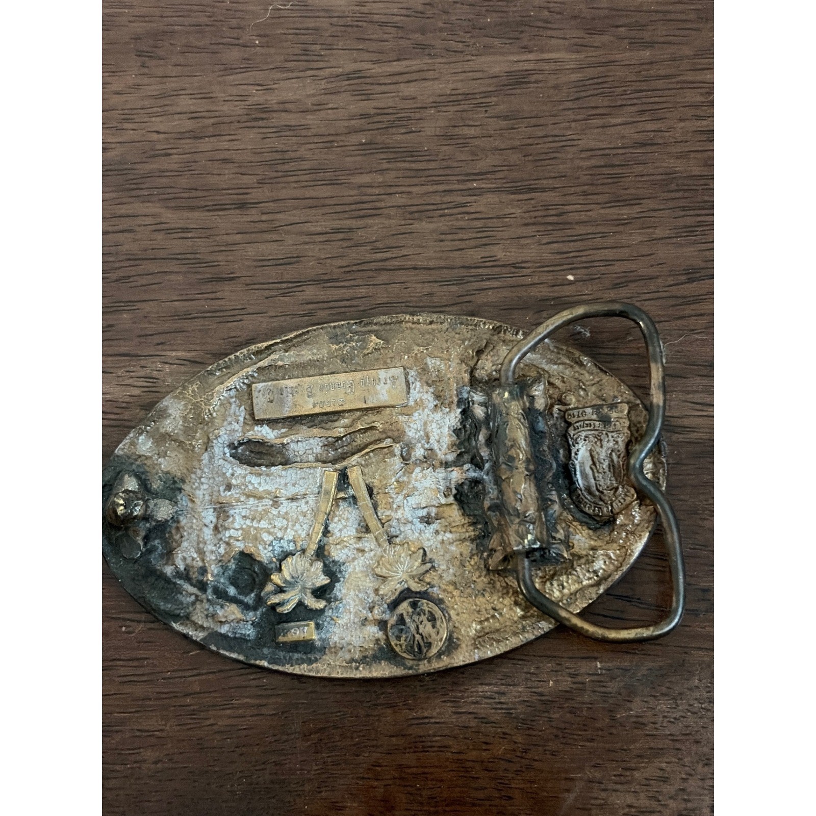 Vintage 1984 Arroyo Grande Buckle Co Hawaii Islands Map Brass Belt Buckle Green