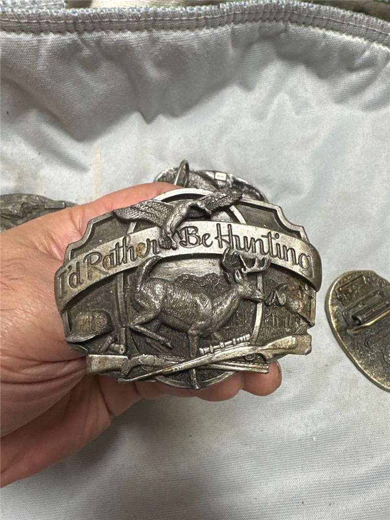 Five Vintage I&rsquo;d Rather Be Belt Buckles, Fishing, Duck Hunting, Deer Hunting,
