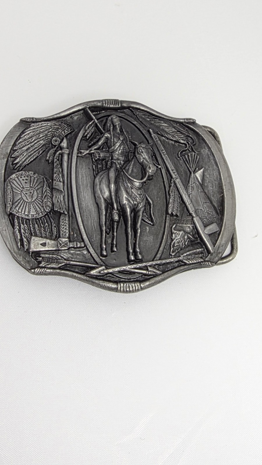 Vintage 1984 Bergamot Brass Works Native American Horse Rider Belt Buckle