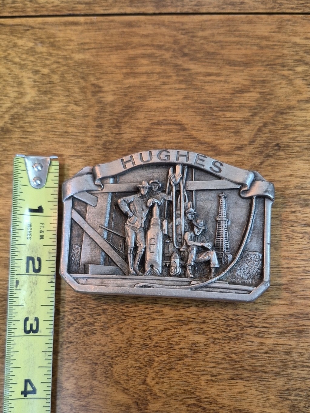 VINTAGE Pewter Hughes Oil Tool Division Belt Buckle Rock Bit Drilling Rig Detail