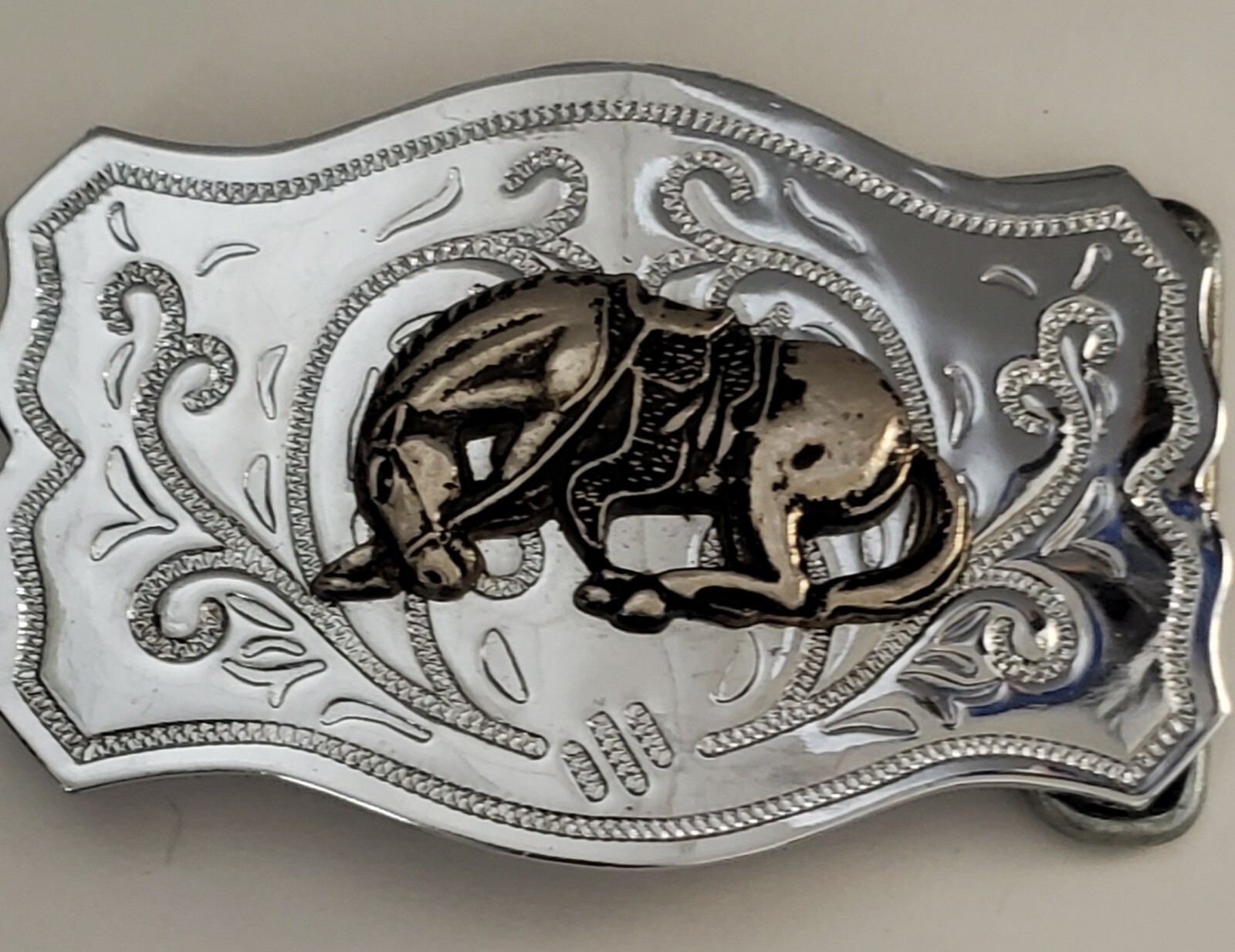 Vintage Chrome Belt Buckle with Applied Bronze Bucking Bronco Horse Clean READ