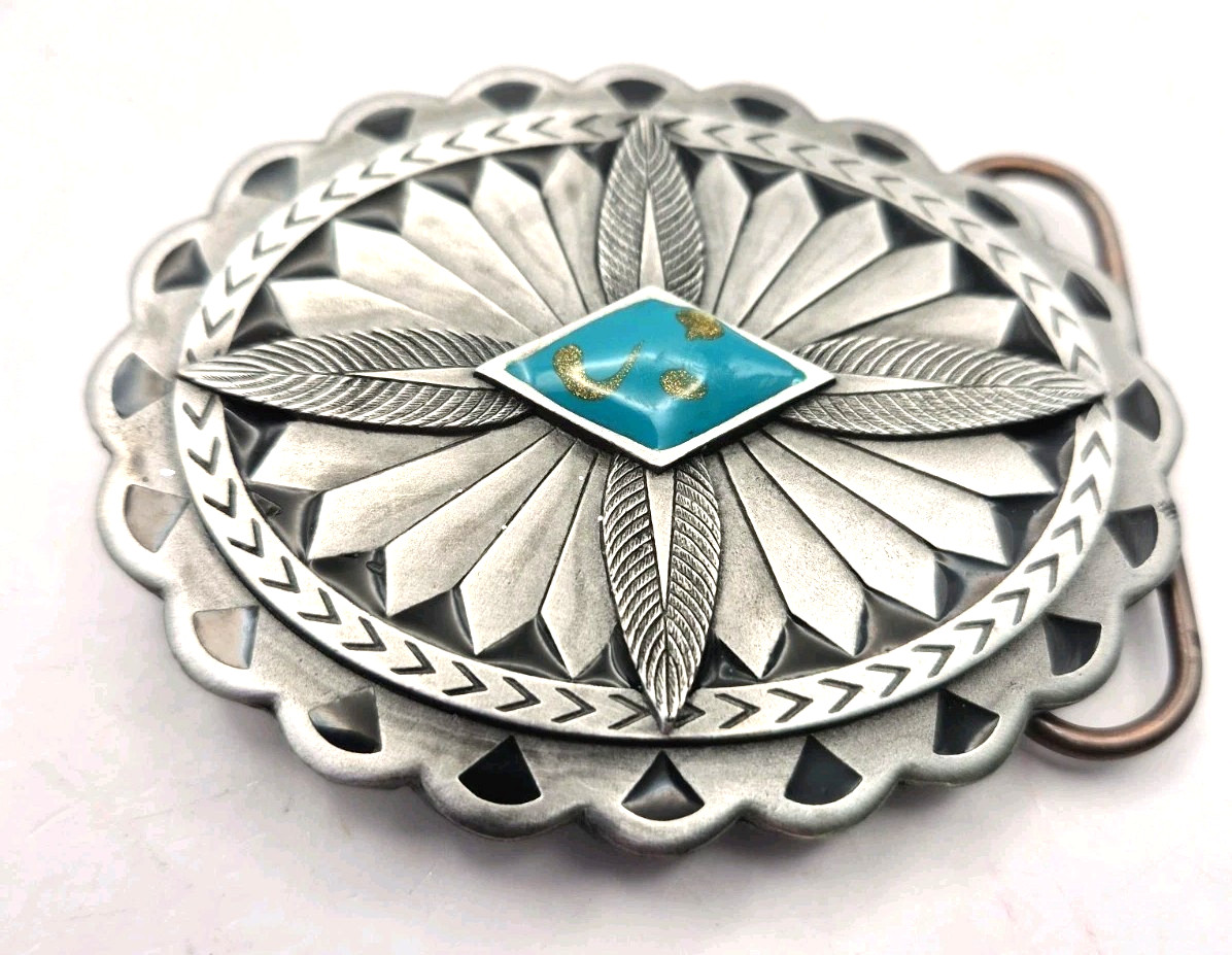 Vintage Siskiyou Pewter Belt Buckle 2.5&Prime; Southwestern Made In USA Stone Center
