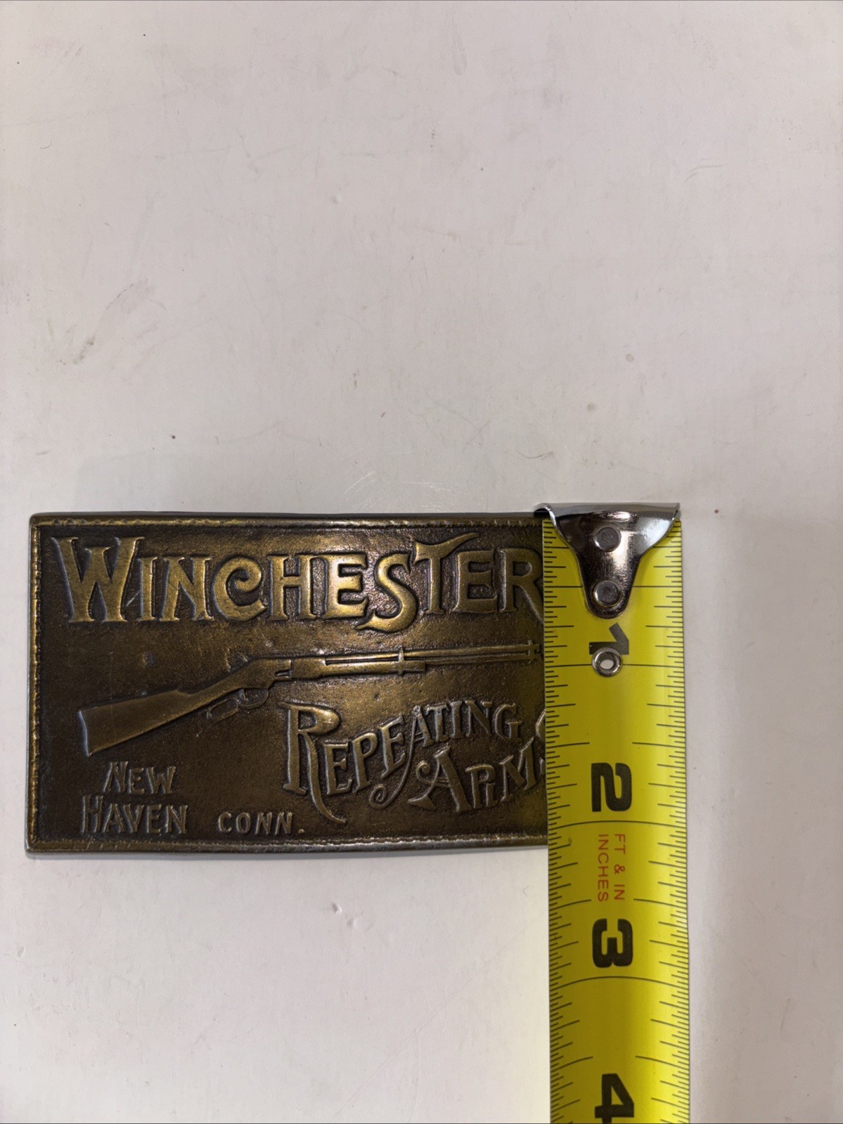 Vintage Winchester Repeating Arms Brass Belt Buckle Rifle New Haven CT Western