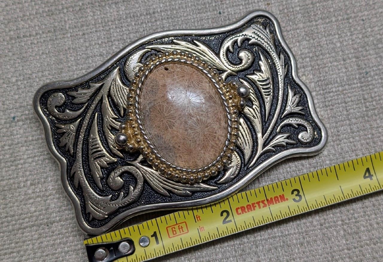 vintage STONE belt buckle FOSSIL cobochon HAND POLISHED coral WESTERN cowboy
