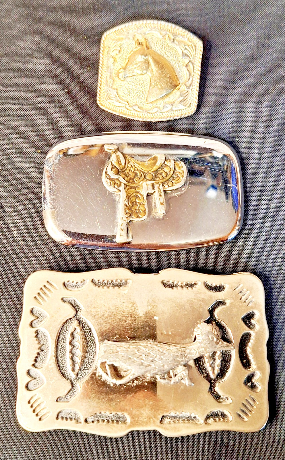 2 Vintage Cowboy Belt Buckles (Road Runner and Saddle) & Bolo Tie clasp / clip