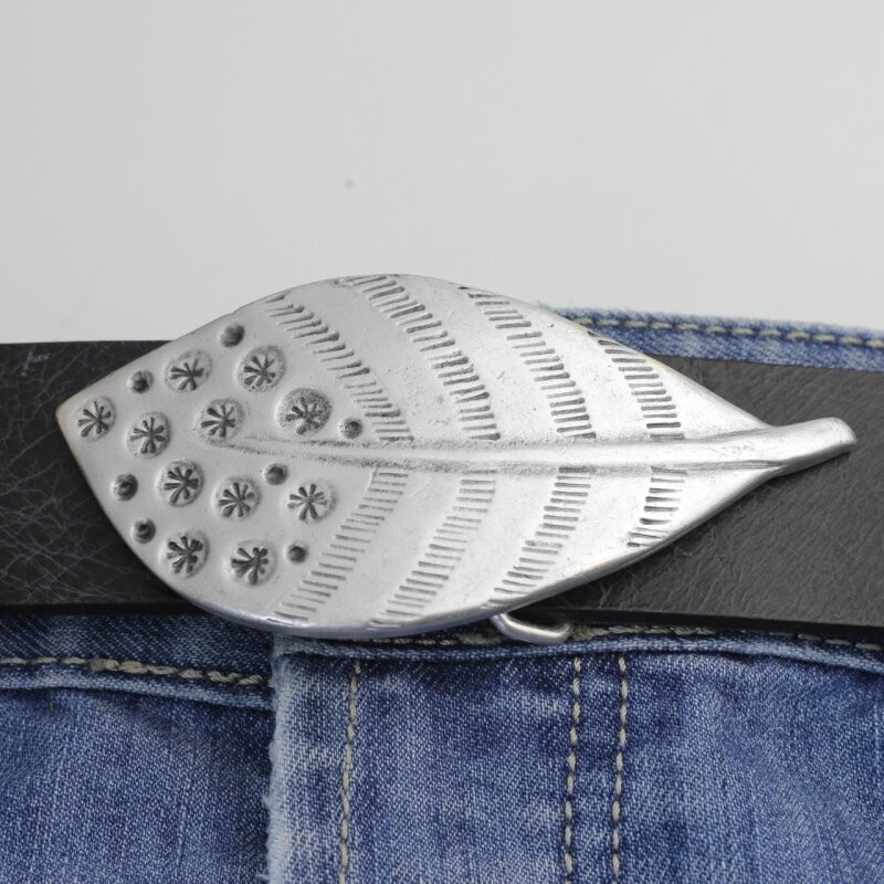 Feather belt buckle, peacock feather removable buckle dark silver-old silver