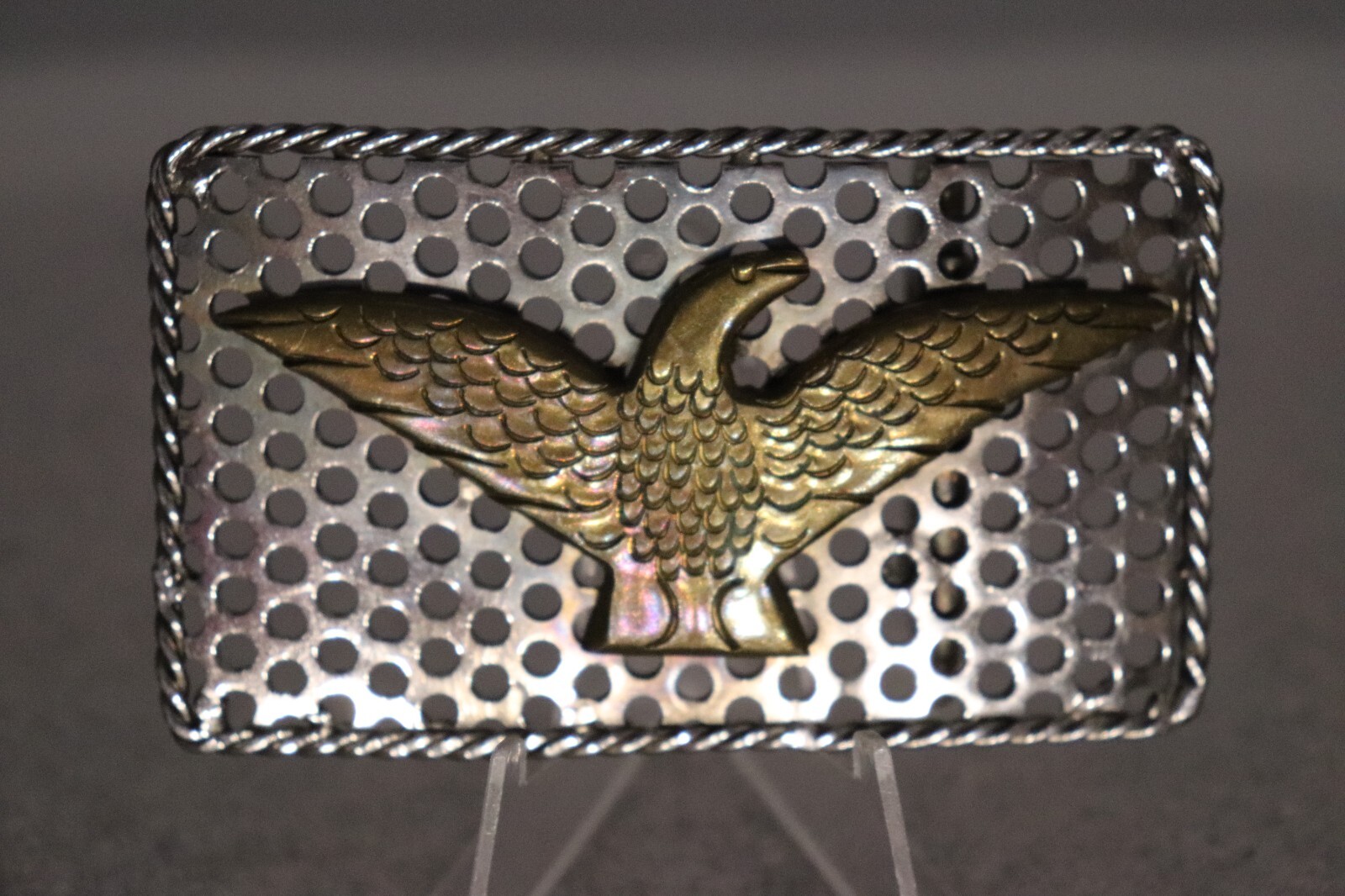 Industrial Brass Mounted Eagle on Perforated Steel Belt Buckle
