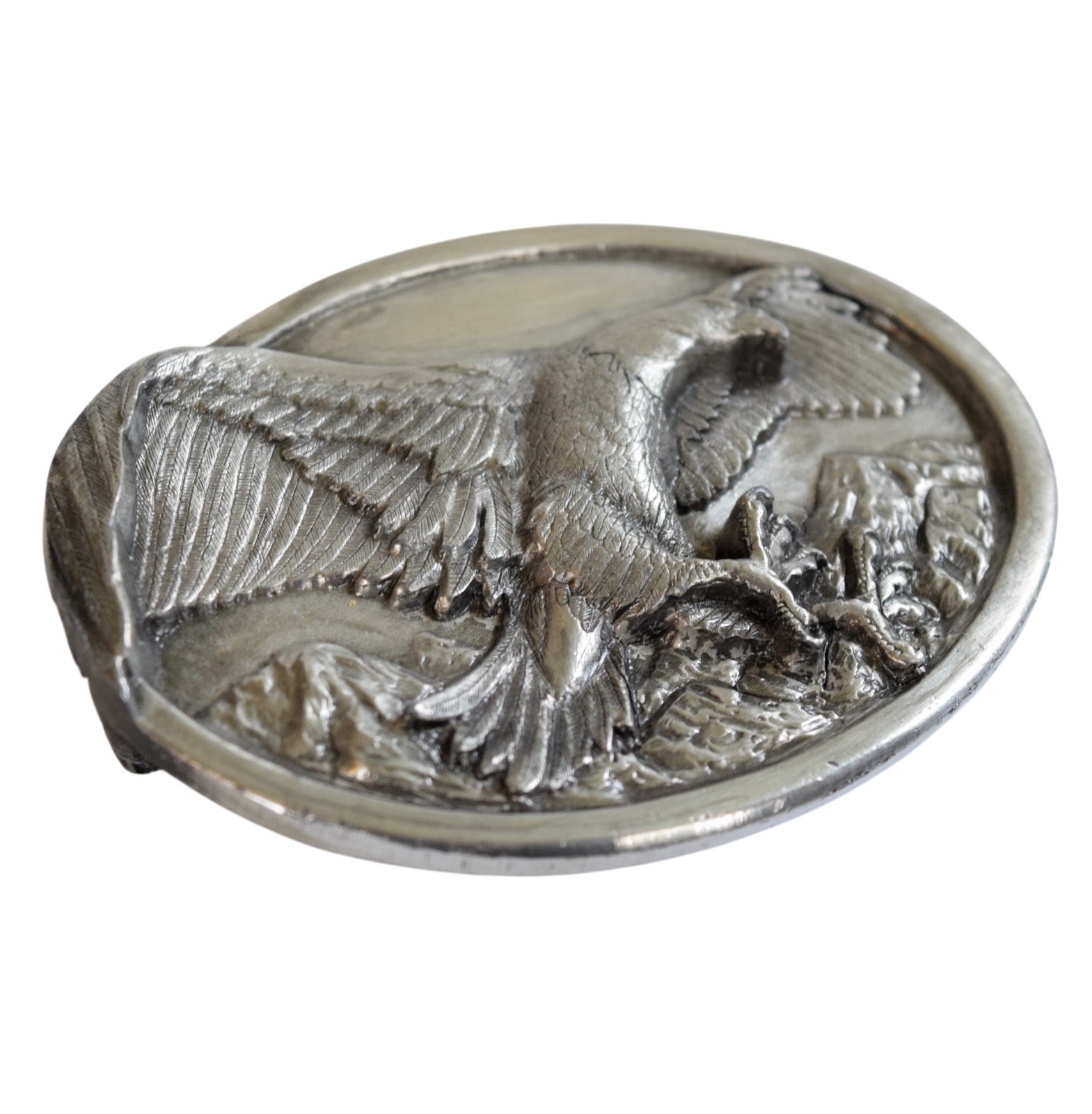 Vintage 1984 Bergamot Brass Works Eagle Silver Tone Pewter Belt Buckle W-146 USA