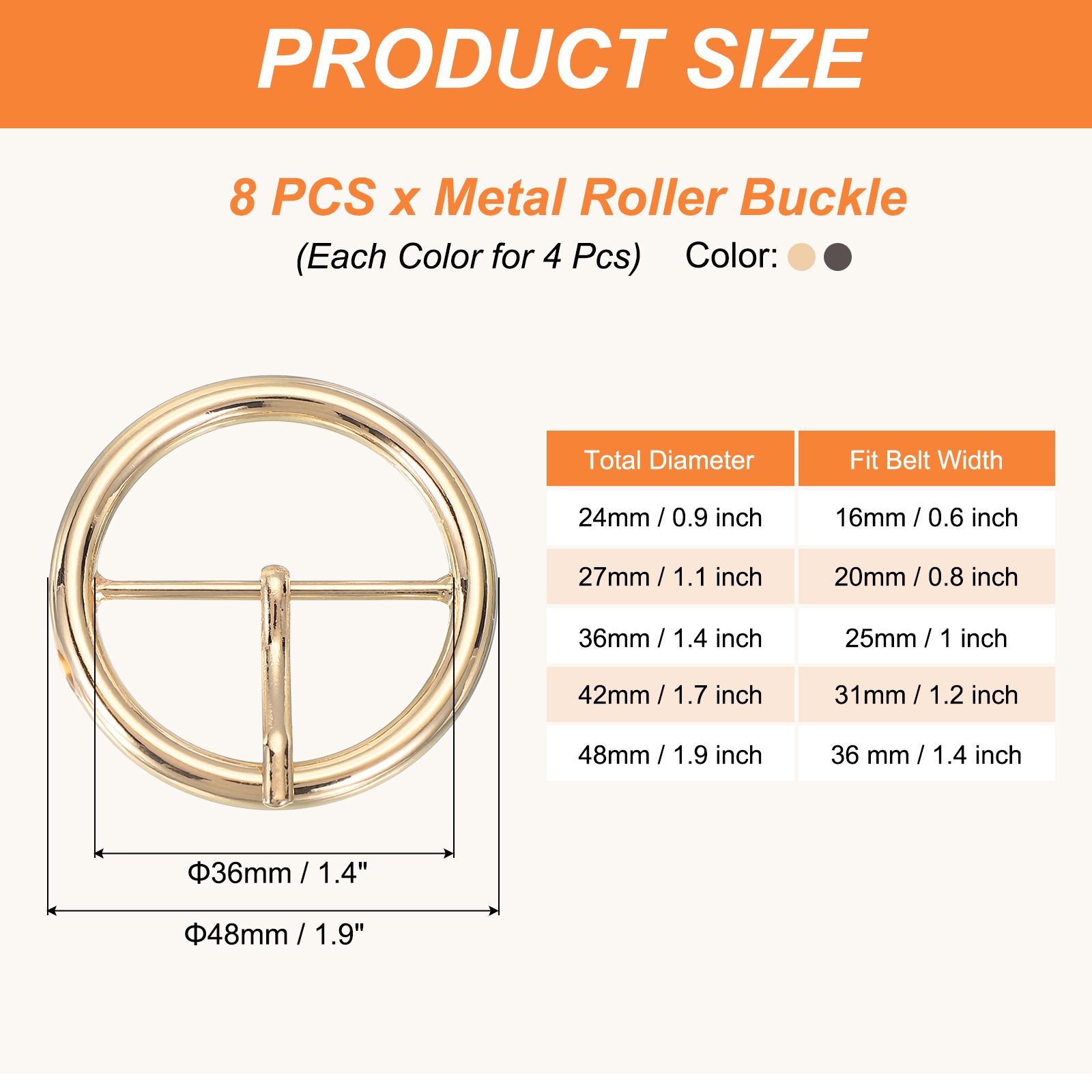 8Pcs 1.4&Prime; Single Prong Belt Buckle Metal Roller Buckle Light Gold/Black