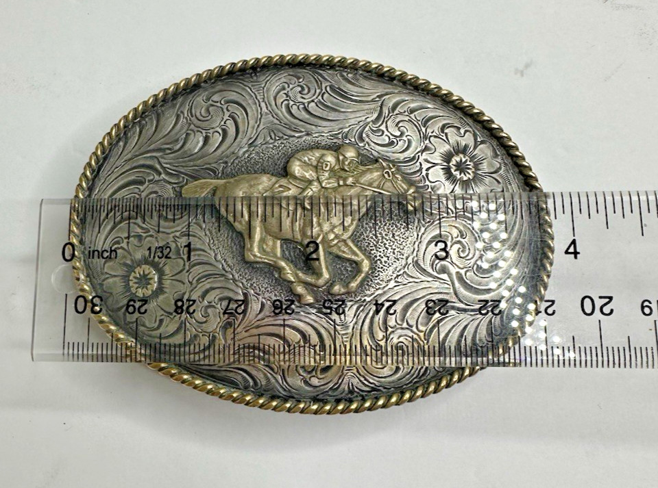 ADM Vintage Belt Buckle Jockey RaceHorse Lucky #7 Floral Brass Numbered Signed