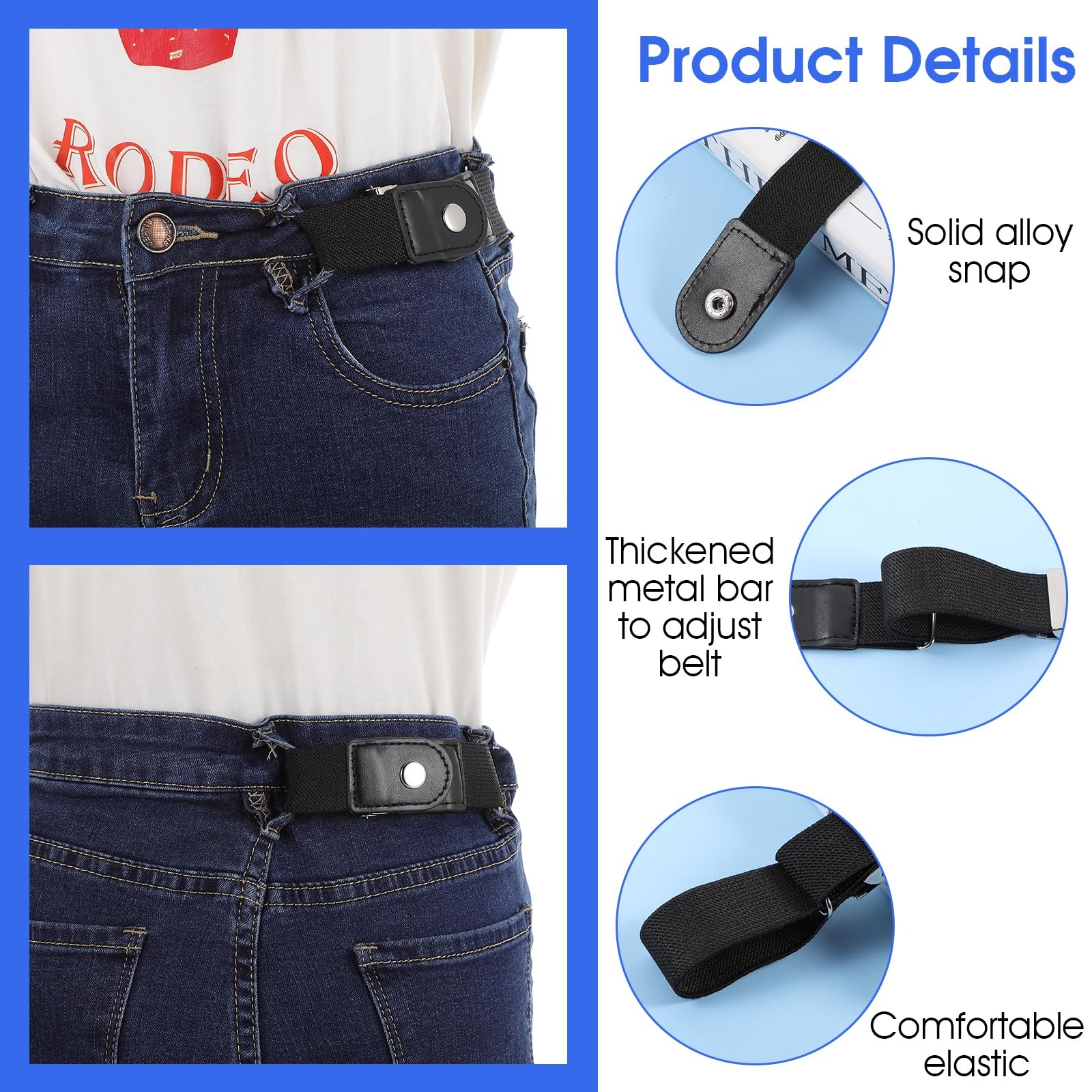 Ptwola 2 Pcs Men Side Belts No Buckle Elastic Belt Without One Size, Black