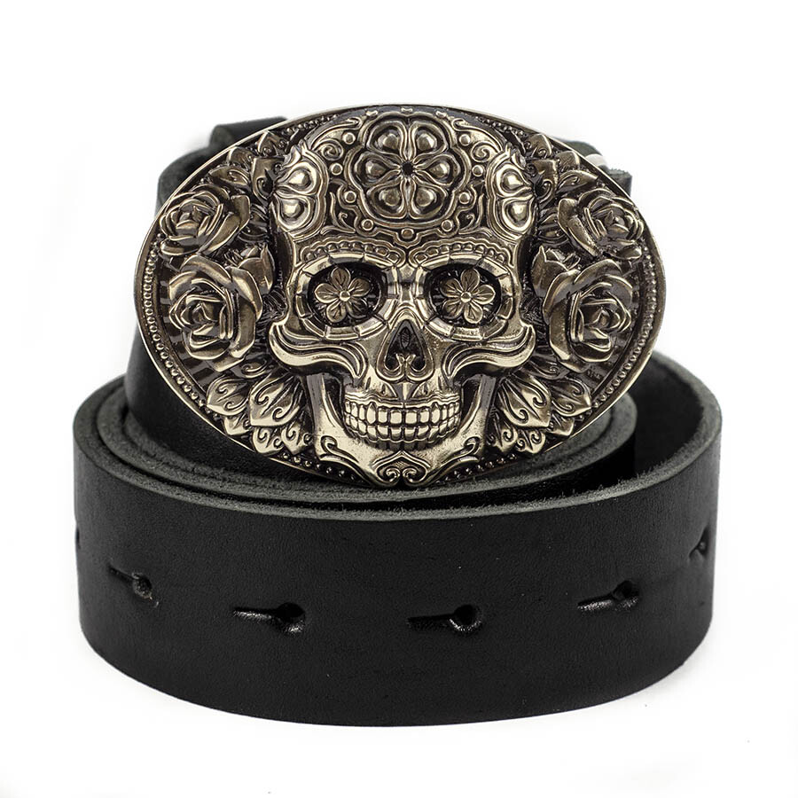 Santa Muerte german silver belt buckle, Skull El Día de Muertos belt buckle