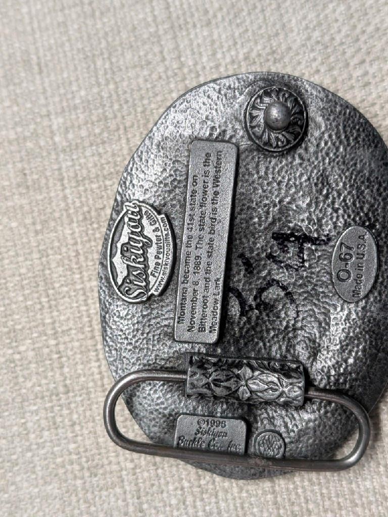 vintage MONTANA belt buckle ELK heavy pewter WESTERN train FLY FISHING siskiyou