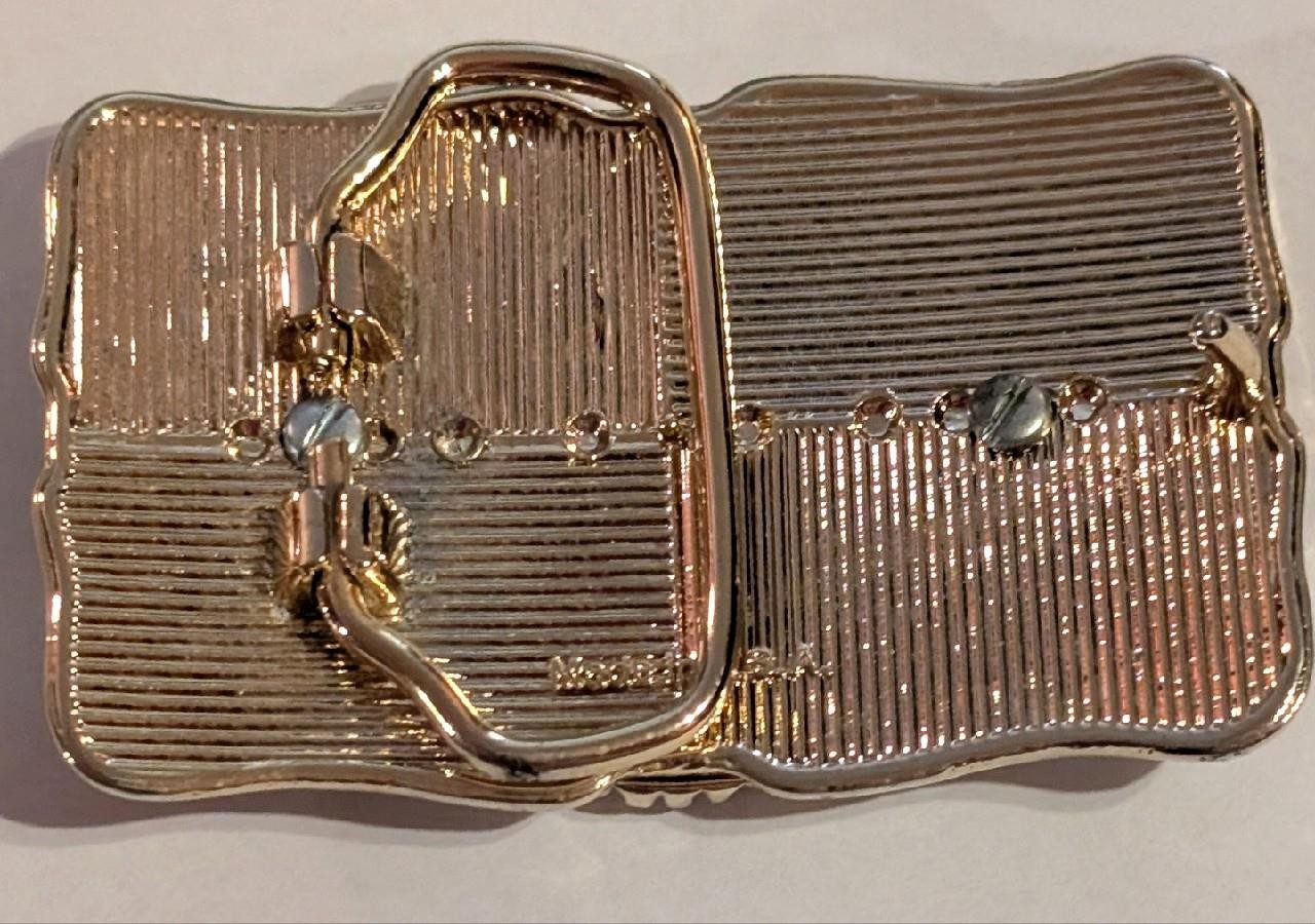 Western Style Belt Buckle Silver Tone Gold Tone Trim Polished Agate Oval Center