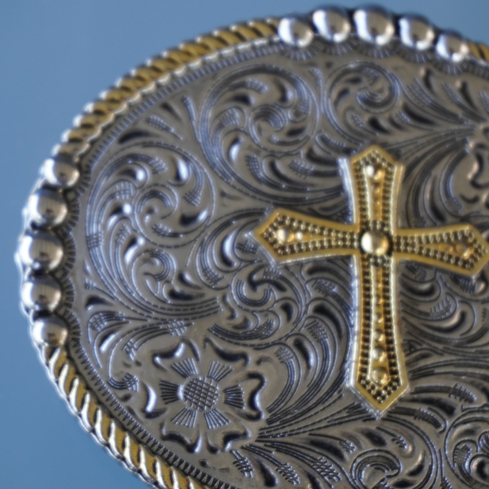 Two Tone Cross Belt Buckle Oval Silver Gold Floral Filigree Western