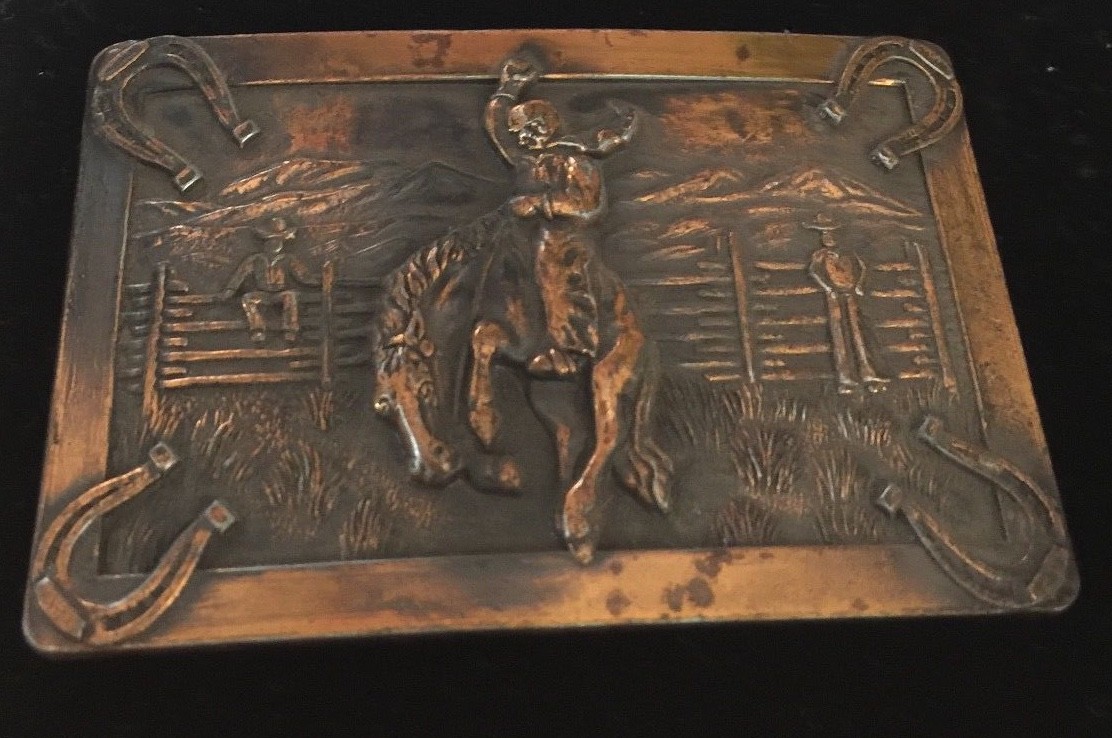 Vintage Western Cowboy Bucking Horse Belt Buckle Pot Metal Copper Overlay