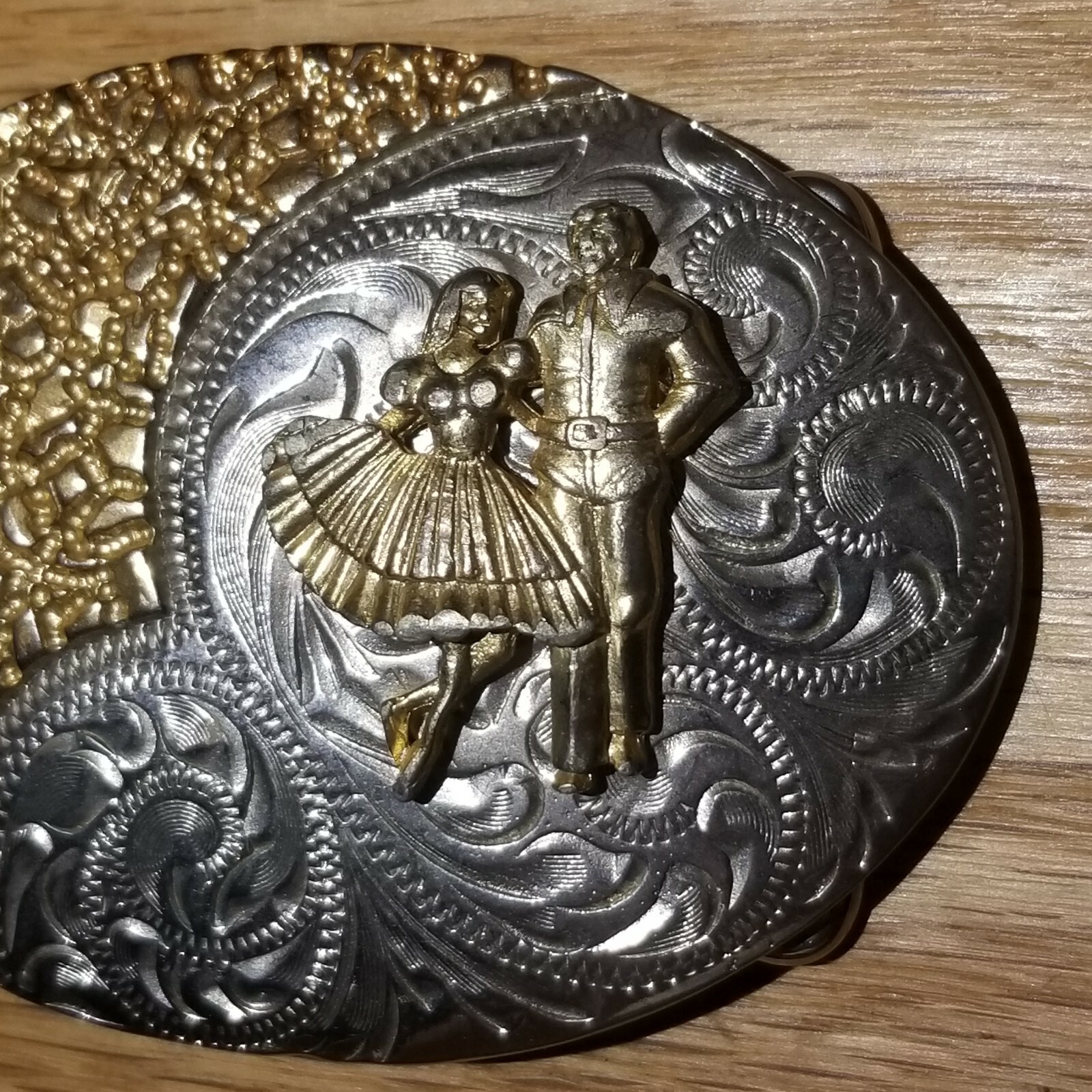 Silver and Gold Tone Square Dancing Western Belt Buckle With Raised Dancers