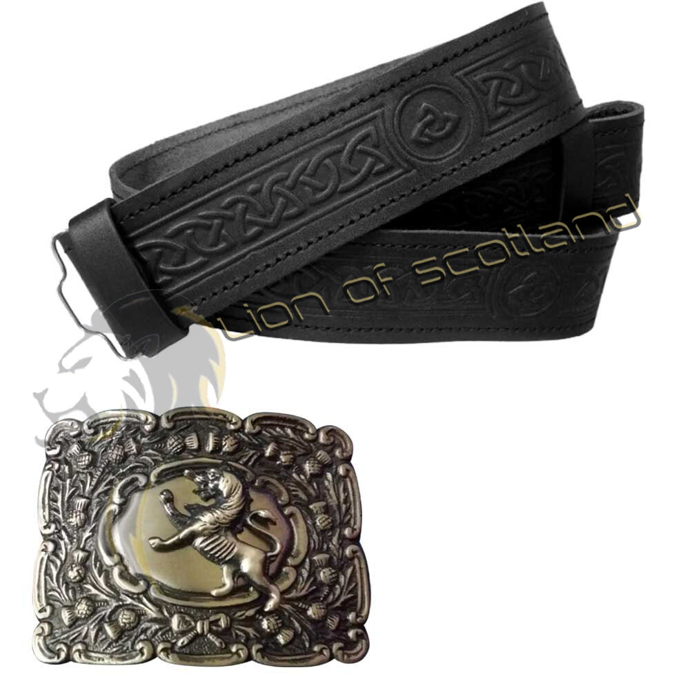 New Scottish Kilt Buckle Lion Rampant Antique Black Leather Belt Celtic Embossed
